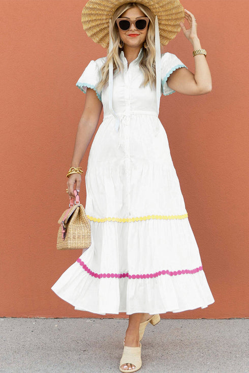Tiered Button Front Pom Pom Accent Shirt Dress