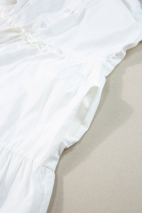 Tiered Button Front Pom Pom Accent Shirt Dress