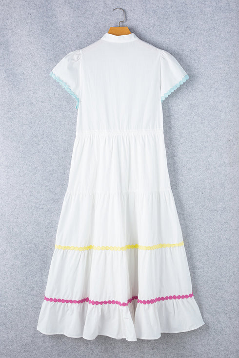 Tiered Button Front Pom Pom Accent Shirt Dress