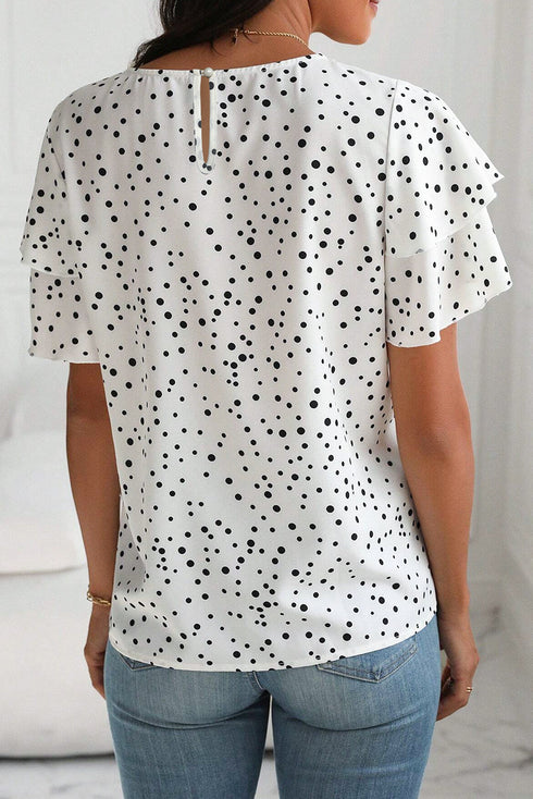 Tiered Flutter Sleeve Crew Neck Dot Print Blouse