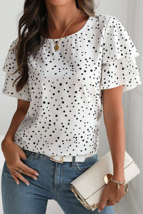 Tiered Flutter Sleeve Crew Neck Dot Print Blouse