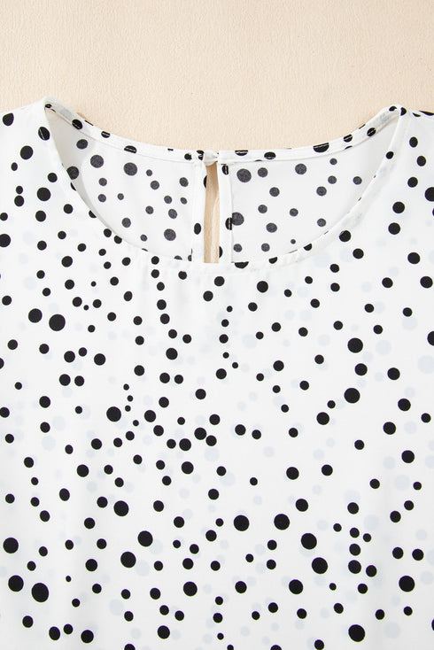 Tiered Flutter Sleeve Crew Neck Dot Print Blouse