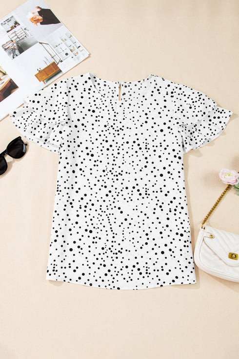 Tiered Flutter Sleeve Crew Neck Dot Print Blouse