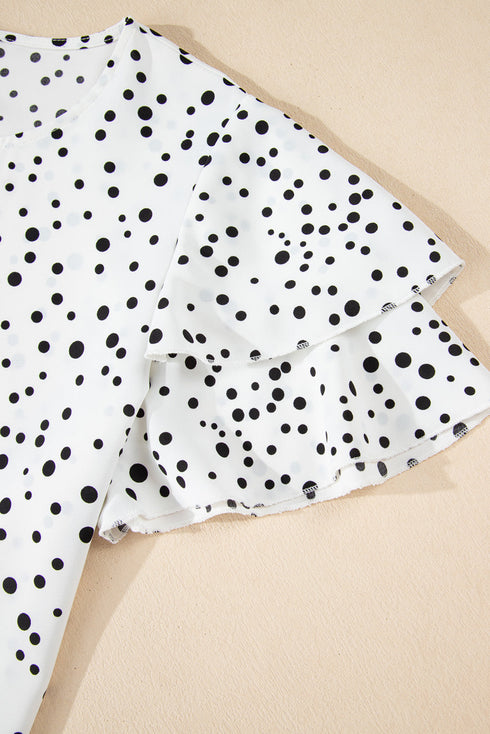 Tiered Flutter Sleeve Crew Neck Dot Print Blouse