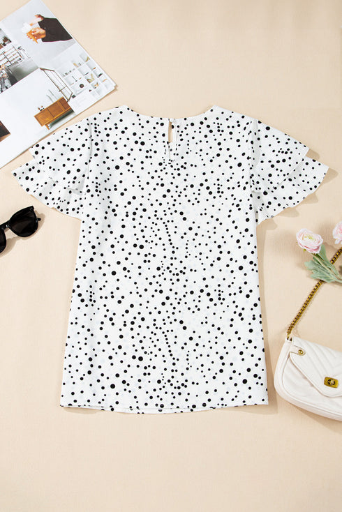 Tiered Flutter Sleeve Crew Neck Dot Print Blouse