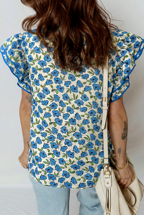 Tiered Flutter Sleeve Pleated Floral Print Cotton Blend Blouse