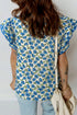 Tiered Flutter Sleeve Pleated Floral Print Cotton Blend Blouse