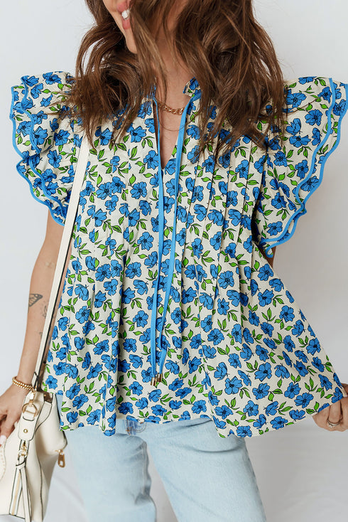 Tiered Flutter Sleeve Pleated Floral Print Cotton Blend Blouse