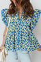 Tiered Flutter Sleeve Pleated Floral Print Cotton Blend Blouse
