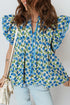 Tiered Flutter Sleeve Pleated Floral Print Cotton Blend Blouse