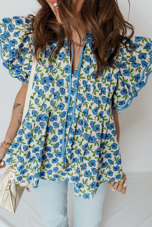 Tiered Flutter Sleeve Pleated Floral Print Cotton Blend Blouse