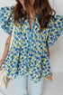 Tiered Flutter Sleeve Pleated Floral Print Cotton Blend Blouse