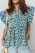 Tiered Flutter Sleeve Pleated Floral Print Cotton Blend Blouse