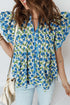 Tiered Flutter Sleeve Pleated Floral Print Cotton Blend Blouse