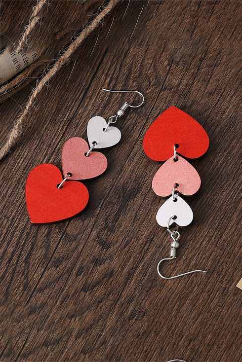 Tiered Heart Shape Wooden Dangle Drop Earrings