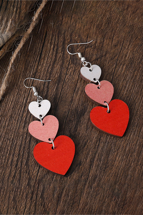 Tiered Heart Shape Wooden Dangle Drop Earrings