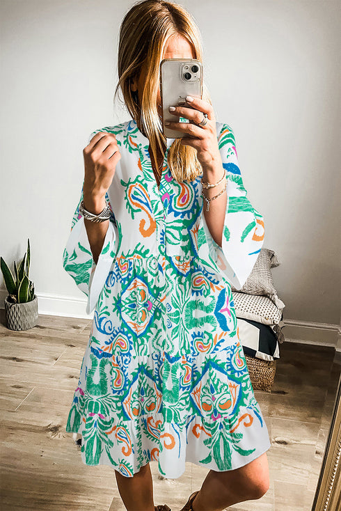 Tiered Paisley Print Button Front Bell Sleeve Dress
