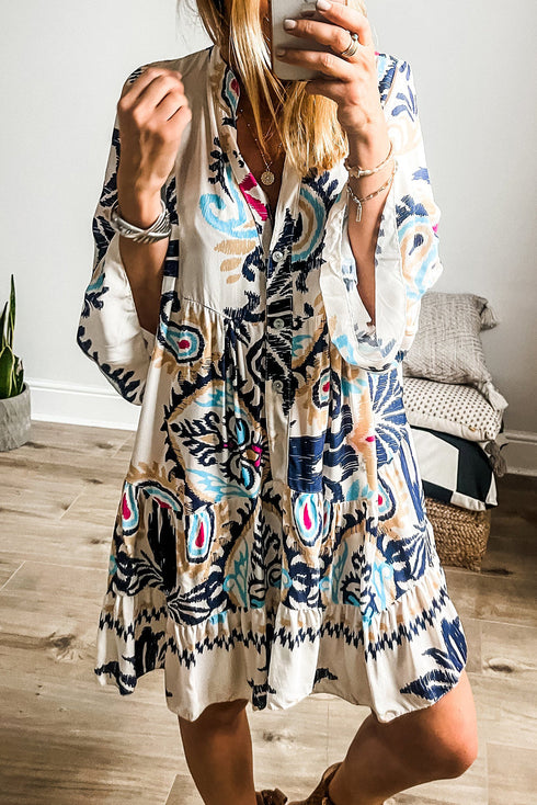 Tiered Paisley Print Button Front Bell Sleeve Dress