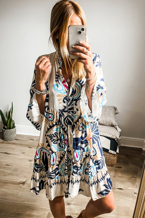 Tiered Paisley Print Button Front Bell Sleeve Dress