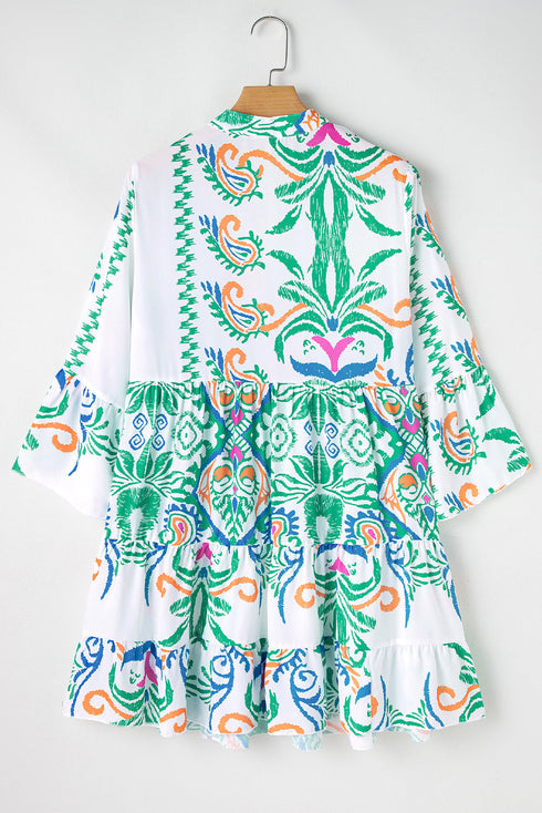 Tiered Paisley Print Button Front Bell Sleeve Dress