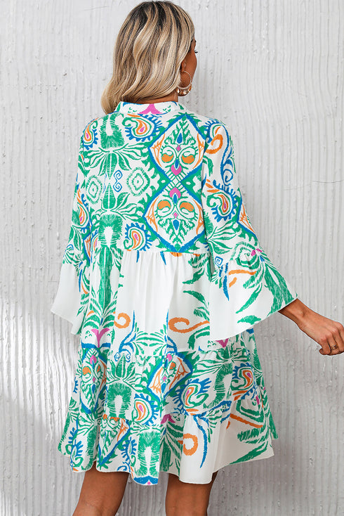 Tiered Paisley Print Button Front Bell Sleeve Dress