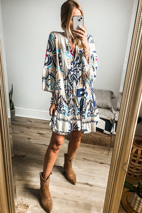 Tiered Paisley Print Button Front Bell Sleeve Dress