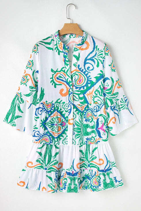 Tiered Paisley Print Button Front Bell Sleeve Dress