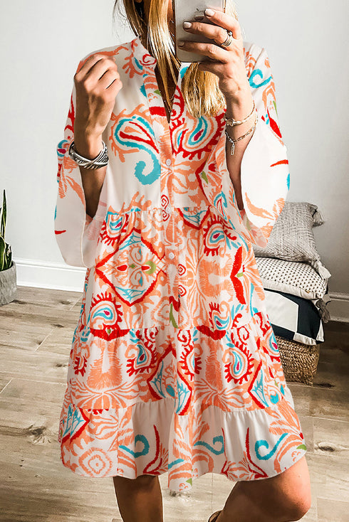 Tiered Paisley Print Button Front Bell Sleeve Dress