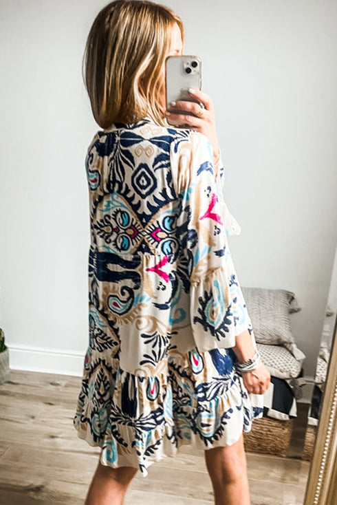 Tiered Paisley Print Button Front Bell Sleeve Dress