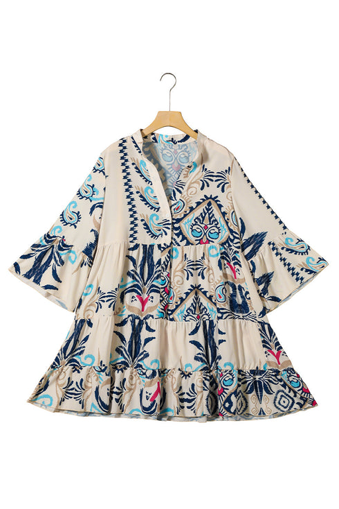 Tiered Paisley Print Button Front Bell Sleeve Dress