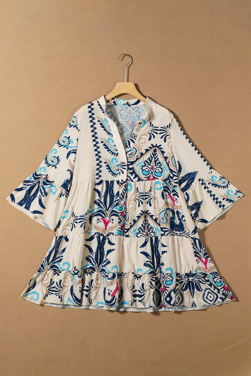 Tiered Paisley Print Button Front Bell Sleeve Dress