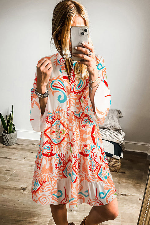 Tiered Paisley Print Button Front Bell Sleeve Dress