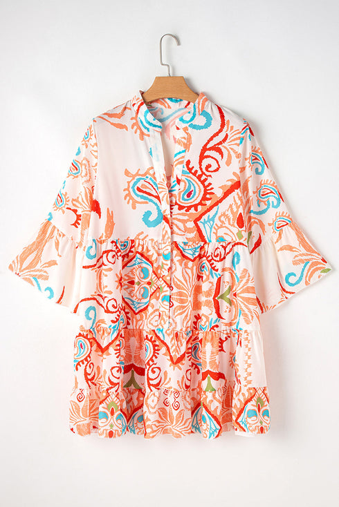 Tiered Paisley Print Button Front Bell Sleeve Dress