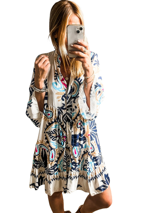 Tiered Paisley Print Button Front Bell Sleeve Dress