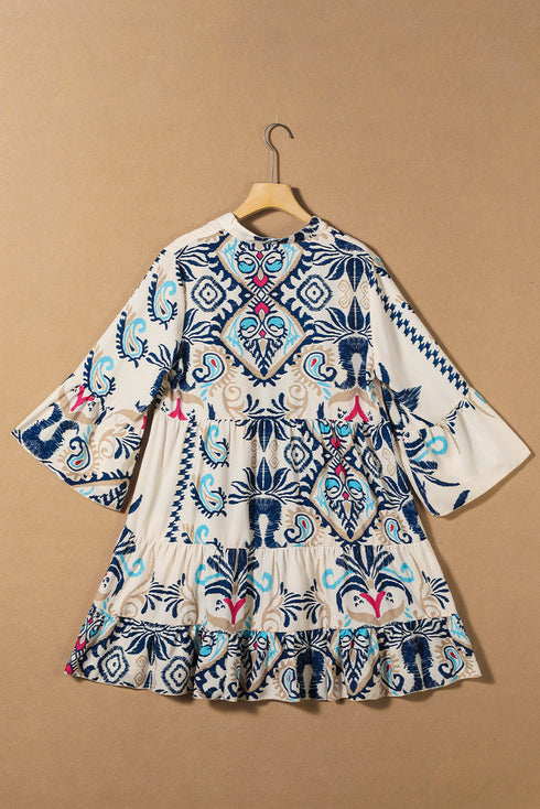 Tiered Paisley Print Button Front Bell Sleeve Dress