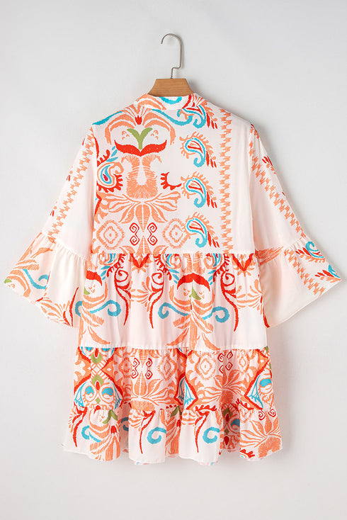 Tiered Paisley Print Button Front Bell Sleeve Dress