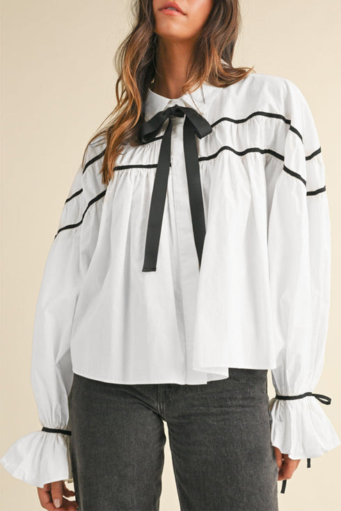 Tiered Poplin Ribbon Tie Ruffle Cuff Blouse