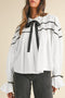 Tiered Poplin Ribbon Tie Ruffle Cuff Blouse