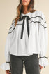 Tiered Poplin Ribbon Tie Ruffle Cuff Blouse