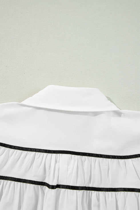 Tiered Poplin Ribbon Tie Ruffle Cuff Blouse