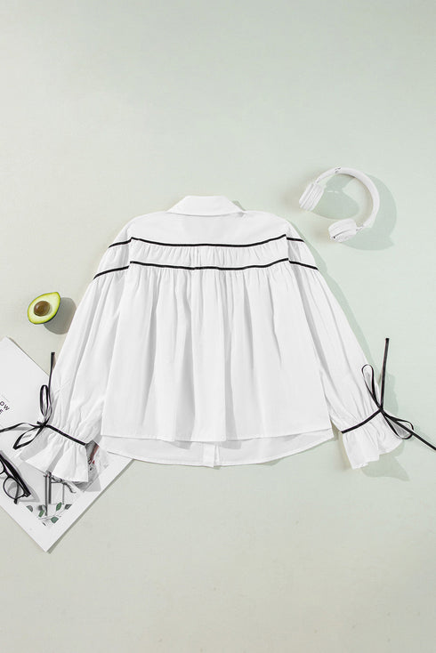 Tiered Poplin Ribbon Tie Ruffle Cuff Blouse