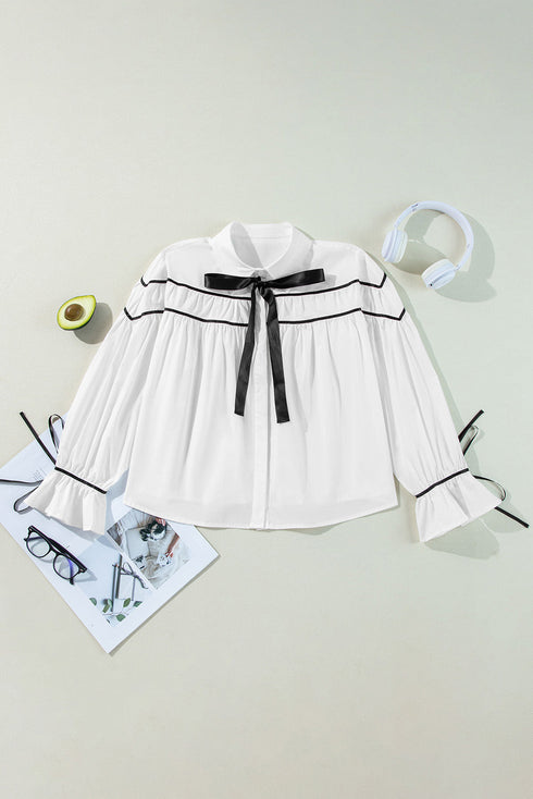 Tiered Poplin Ribbon Tie Ruffle Cuff Blouse