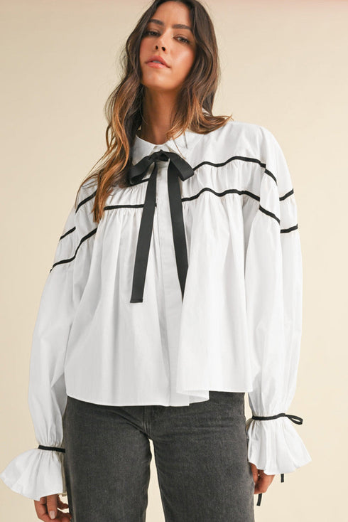Tiered Poplin Ribbon Tie Ruffle Cuff Blouse