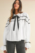 Tiered Poplin Ribbon Tie Ruffle Cuff Blouse