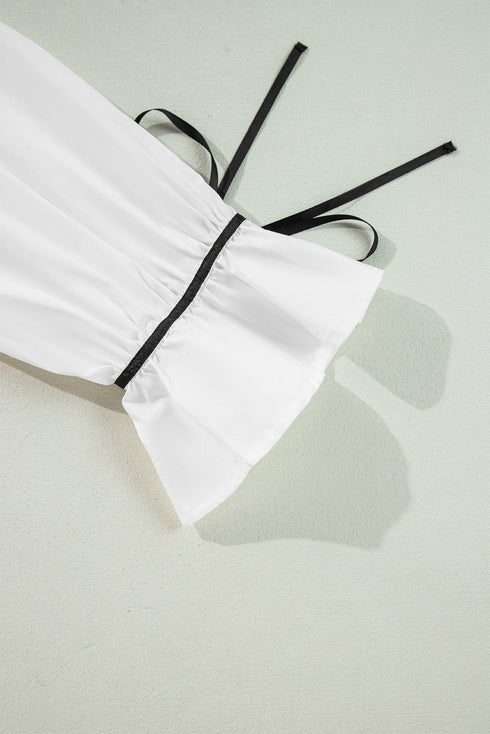 Tiered Poplin Ribbon Tie Ruffle Cuff Blouse