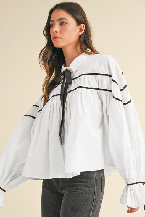 Tiered Poplin Ribbon Tie Ruffle Cuff Blouse