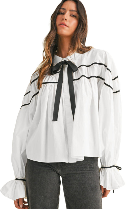 Tiered Poplin Ribbon Tie Ruffle Cuff Blouse