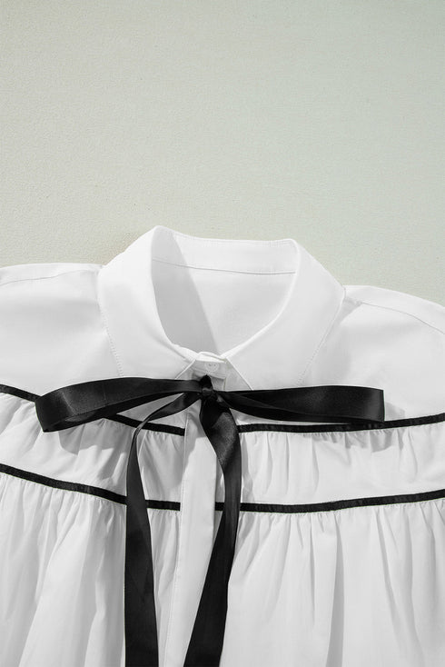 Tiered Poplin Ribbon Tie Ruffle Cuff Blouse