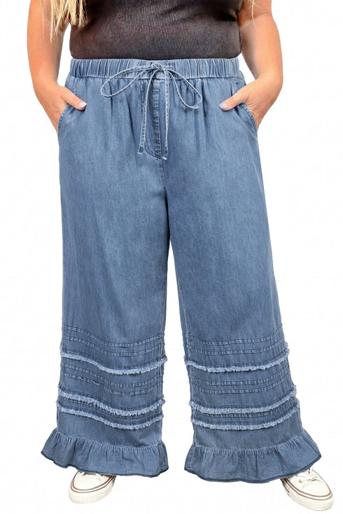 Tiered Raw Edge Ruffled Wide Leg Denim Pants