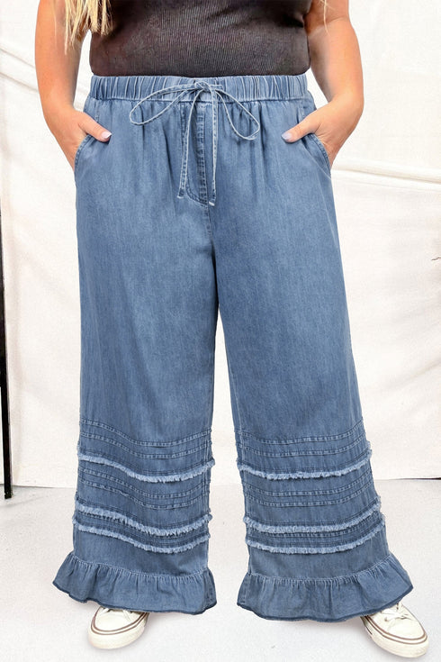 Tiered Raw Edge Ruffled Wide Leg Denim Pants